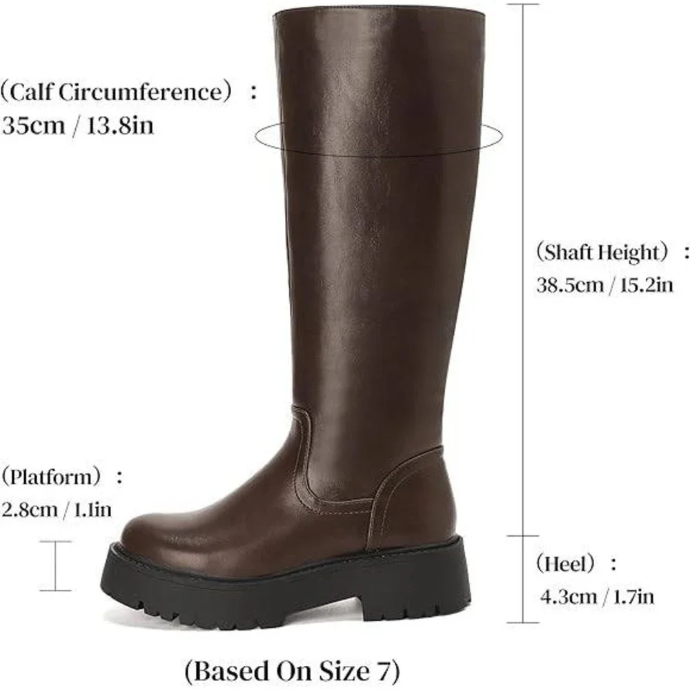 Women's US 7.5 - 8 Brown Platform Knee High Boots PU Leather Zip Tall Lug Sole